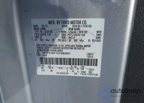 2012 Ford F-150 Xlt z USA, uszkodzony, nr VIN 1FTFX1EF1CFA82931